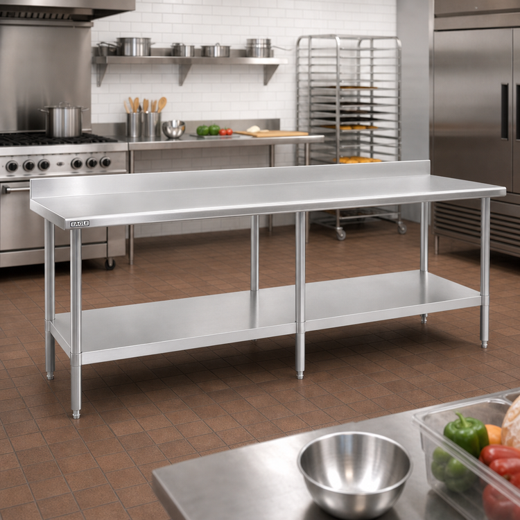 Product image #2 for Eagle Group Budget Series 108-Inch x 30-Inch Stainless Steel Work Table with 4-1/2-Inch Backsplash and Adjustable Undershelf