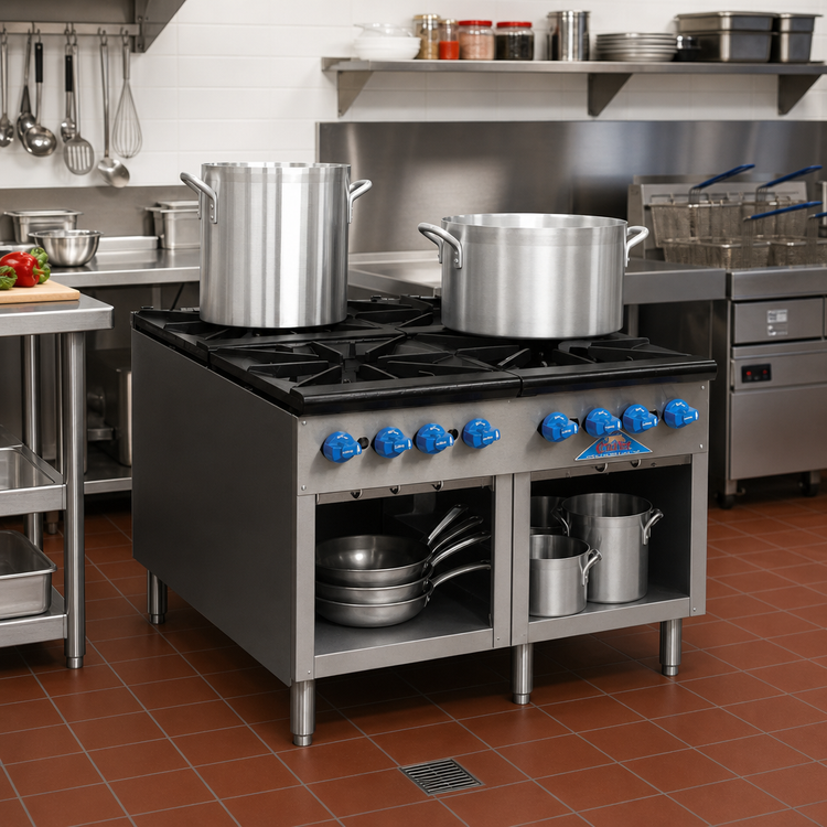 Product image #2 for Comstock-Castle 36-Inch Floor Model Gas Stock Pot Range with Open Front Cabinet Base, 4 Burners, 440,000 BTU