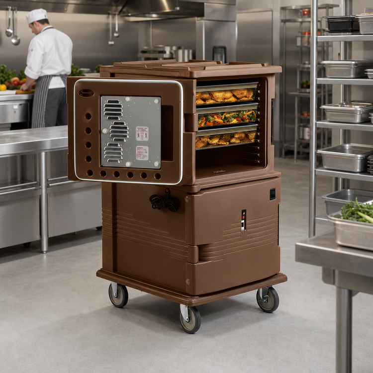 Product image #3 for Cambro Ultra Camcart 2-Compartment Front-Loading Heated Food Pan Carrier, Top Door Heated Only, Heavy-Duty Casters, Dark Brown, 110V