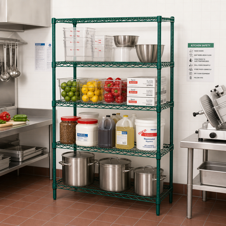 Product image #2 for Quantum Wire Shelving Starter Kit, 48"W x 36"D x 74"H, 5 Shelves, Green Epoxy Antimicrobial Finish