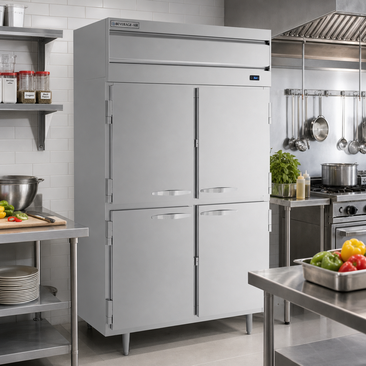 Product image #2 for Beverage-Air P-Series Two-Section Reach-In Refrigerator with 4 Lockable Half Solid Doors, 6 Shelves, Top-Mounted Self-Contained Refrigeration, 44.57 Cu. Ft.