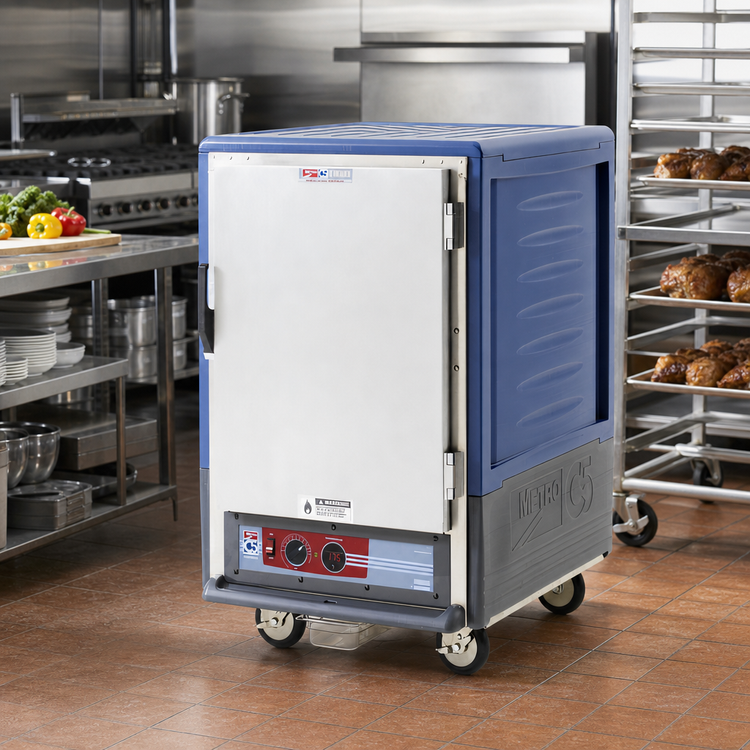 Product image #2 for Metro C5 3 Series Low-Watt Half-Height Mobile Heated Holding Cabinet, Blue Insulation Armour, 17-Pan Capacity