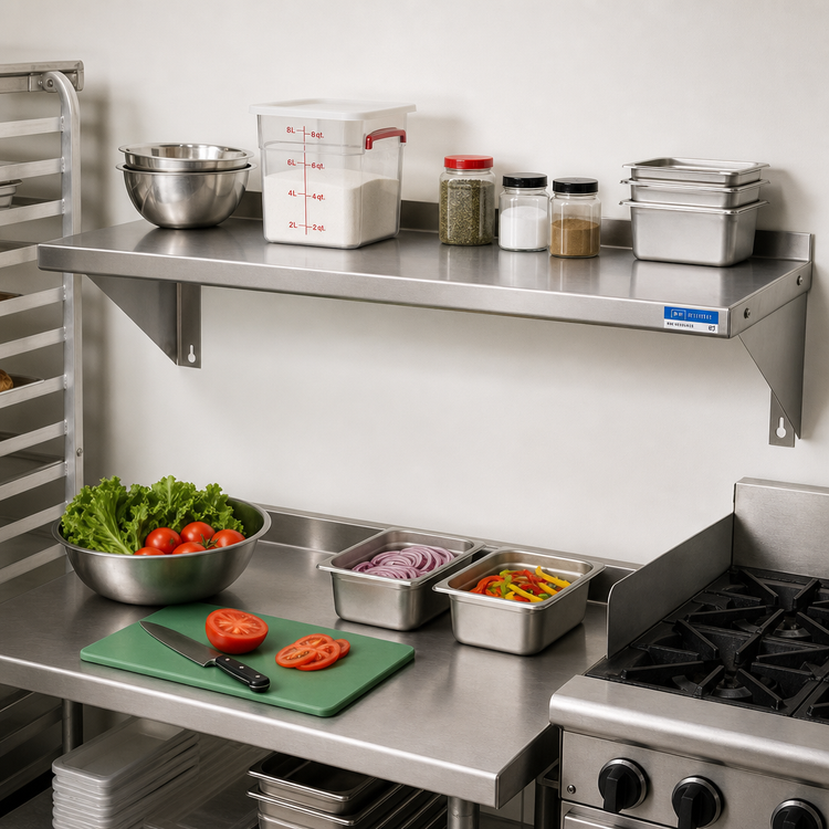 Product image #2 for BK Resources T-304 Premium Stainless Steel Wall-Mounted Shelf, 84"W x 12"D