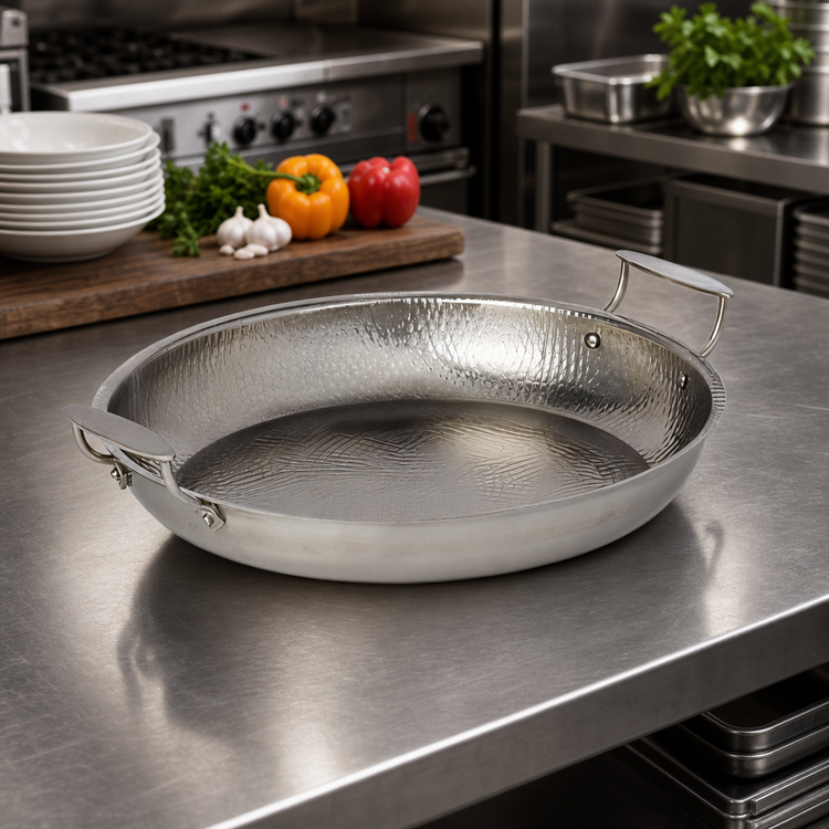 Product image #2 for Hammered Stainless Steel Round Serving Pan with Handles, 144 oz., 15-Inch Diameter