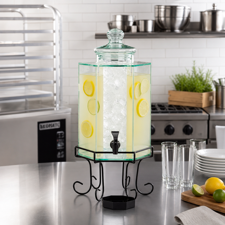 Product image #2 for Cal-Mil Iron Collection 2 Gallon Hexagon Glass Beverage Dispenser with Ice Chamber and Drip Tray