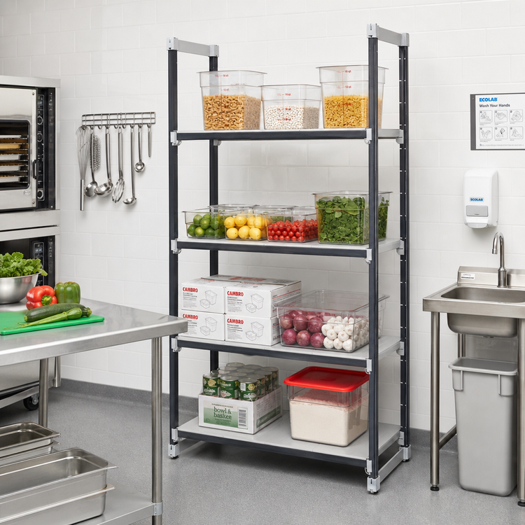 Product image #2 for Cambro Camshelving Elements XTRA 4-Shelf Solid Stationary Starter Unit, 48-Inch Wide x 21-Inch Deep x 72-Inch High, Speckled Gray