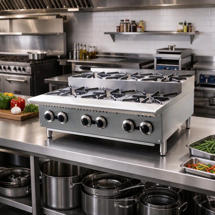 Product image #2 for Comstock-Castle 36-Inch Stainless Steel Countertop Step-Up Gas Hotplate with 6 Cast Iron Burners