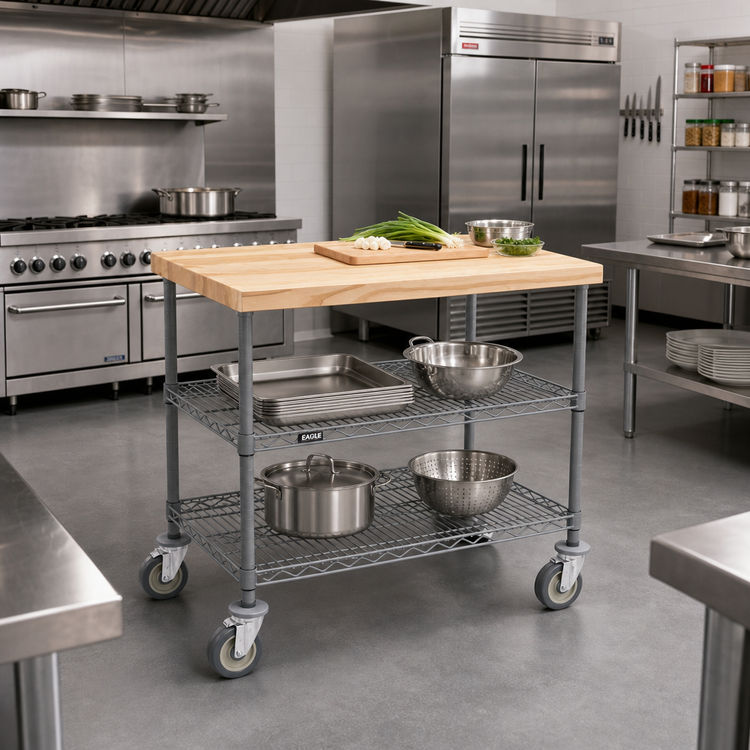 Product image #2 for Eagle QuadTruss 3-Tier Maple Top Demo Cart with 2 Wire Shelves, 36 x 24 Inches, Gray Epoxy Finish
