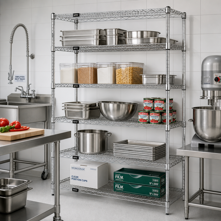 Product image #2 for Quantum Stationary Wire Shelving Starter Kit, 60-Inch W x 14-Inch D x 74-Inch H, 5 Shelves, 304 Stainless Steel