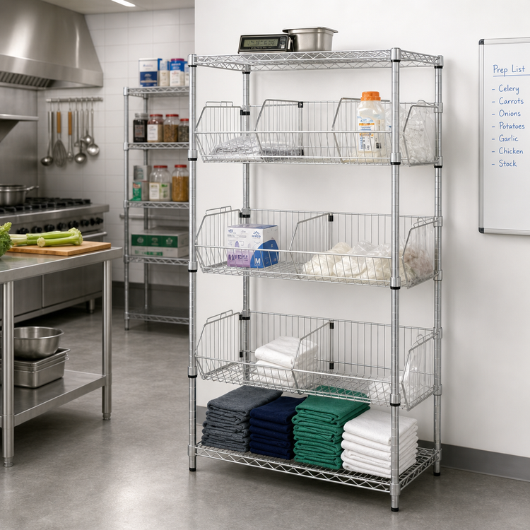Product image #2 for Quantum Stationary Wire Basket Storage Unit with 3 Adjustable Baskets, 48W x 24D x 63H, Chrome Plated