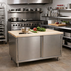 Thumbnail image #2 for BK Resources CMT-3648H Hard Maple Top Chef Table with Stainless Steel Cabinet Base and Hinged Doors, 48 x 36 x 34-3/4 Inches
