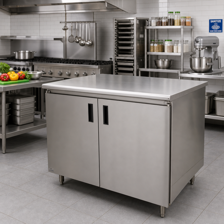 Product image #2 for Advance Tabco Special Value Economy Enclosed Work Table with Cabinet Base and Hinged Doors, 60 x 30 Inches, 16 Gauge 304 Stainless Steel Top