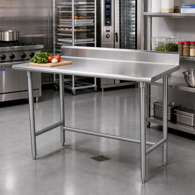 Product image #2 for Advance Tabco Special Value Series 72 x 30 Inch Economy Open Base Work Table with 5-Inch Backsplash and 430 Stainless Steel Top