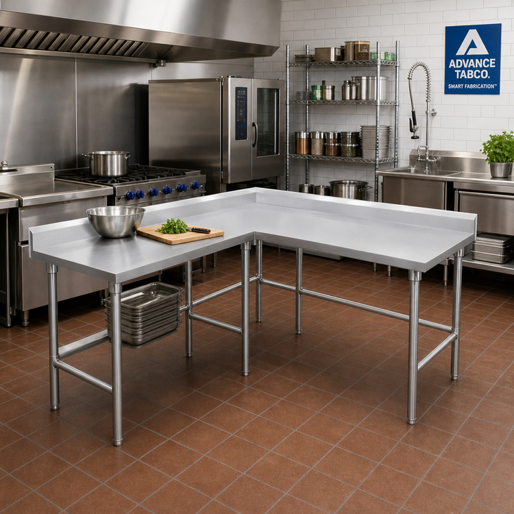 Product image #2 for Advance Tabco KTMS-245 L-Shaped Corner Stainless Steel Work Table, 60 x 60 in, 24 in Deep, 14-Gauge 304 Top