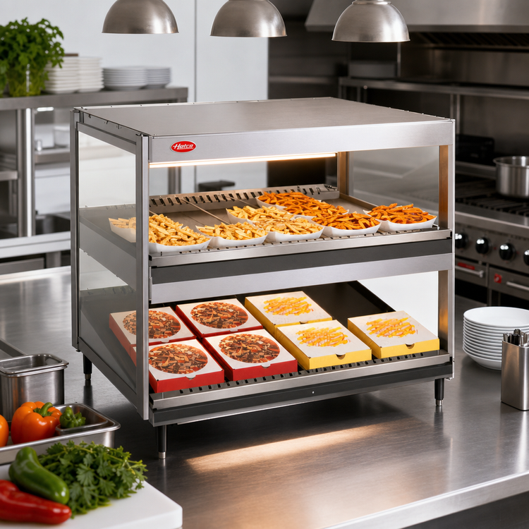 Product image #2 for Hatco Glo-Ray 36-Inch Countertop Two-Shelf Slant/Horizontal Pass-Through Merchandising Warmer with High Watt Top Shelf
