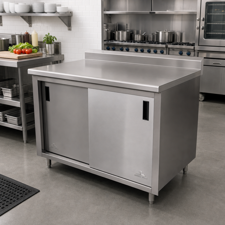 Product image #2 for Advance Tabco 60-Inch x 30-Inch Enclosed Work Table with Sliding Door Cabinet Base and 14 Gauge 304 Stainless Steel Top