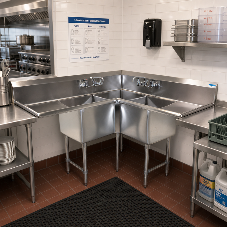 Product image #2 for BK Resources Corner 3-Compartment Sink with Dual Drainboards, 57 x 57 Inches
