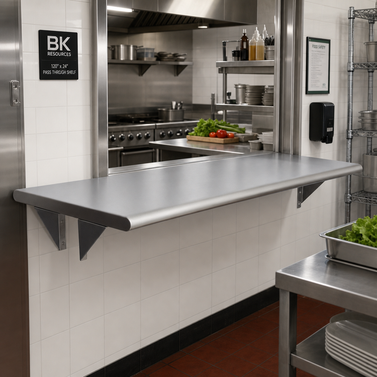 Product image #2 for BK Resources 120" x 24" Pass Through Shelf with 8" Max Wall Thickness and 304 Stainless Steel Top