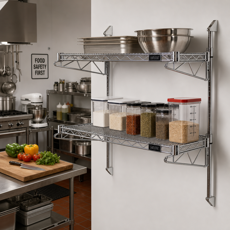 Product image #2 for Quantum Cantilever Double-Shelf Wall-Mount Wire Shelving Unit, 54 x 21 Inches, Chrome Plated