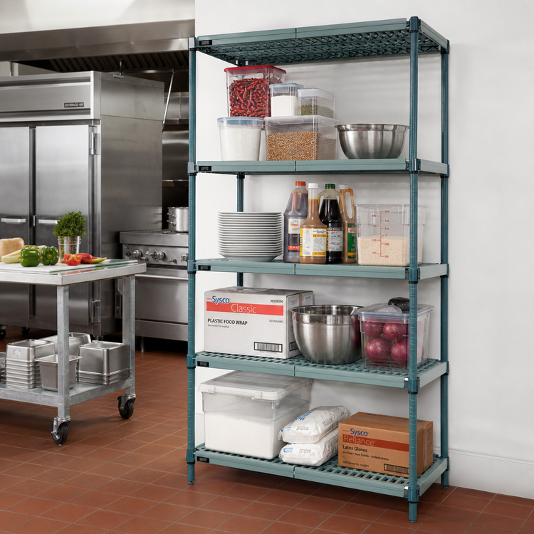 Product image #2 for Quantum WR86-1454WPM Stationary 4-Tier Wire Plastic Mat Shelving Unit, 54 x 14 x 86 Inches, Green Epoxy Coated