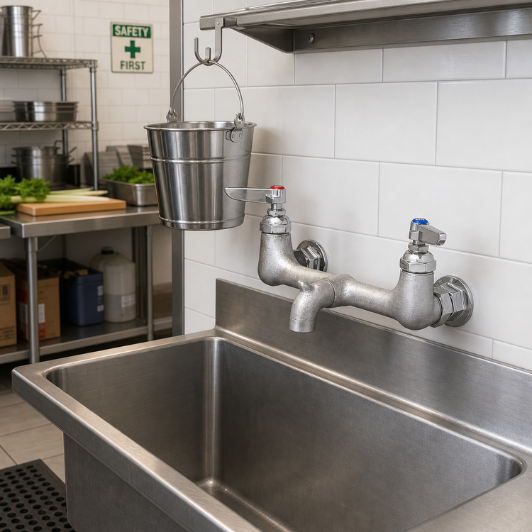 Product image #2 for Wall-Mount Service Sink Faucet with 8-Inch Centers, 5-Inch Rigid Spout, Pail Hook, Rough Chrome-Plated Finish