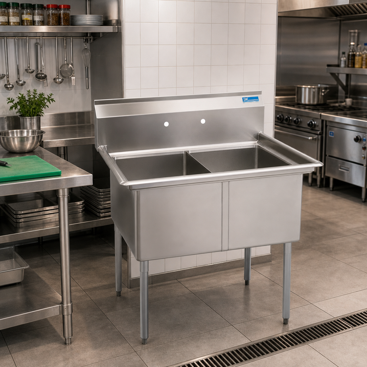 Product image #2 for BK Resources Two-Compartment No-Drainboard Stainless Steel Sink with 16" x 20" x 12" Bowls, 9" Backsplash, and Galvanized Legs