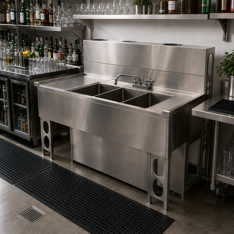 Product image #3 for BK Resources 60-Inch Three-Compartment Stainless Steel Slimline Underbar Sink with Dual Drainboards