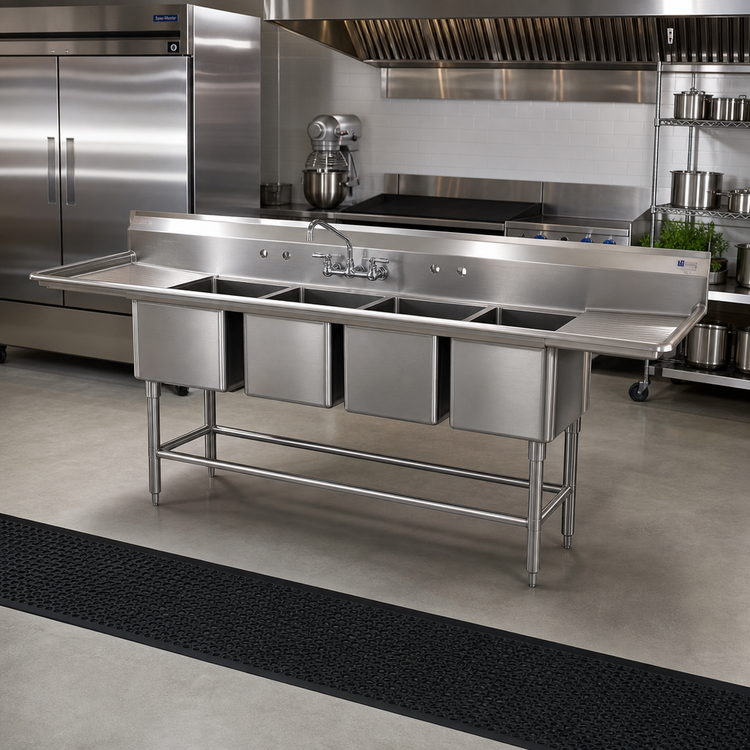 Product image #2 for Spec-Master Four-Compartment Coved-Corner Sink with 24-Inch Right-Hand Drainboard, 14-Gauge Stainless Steel