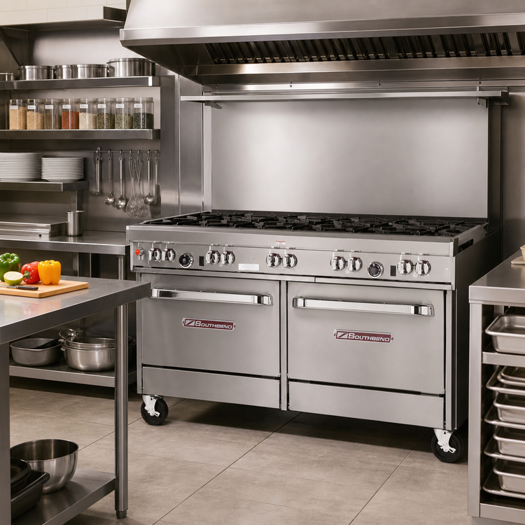 Product image #2 for Southbend Ultimate 60-Inch Gas Restaurant Range with 8 Burners, Convection Oven, and Cabinet Base