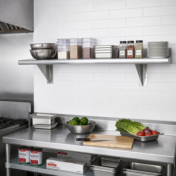 Product image #2 for Advance Tabco 96 Inch x 18 Inch Wall-Mounted Stainless Steel Wall Shelf, 18-Gauge 430, Satin Finish