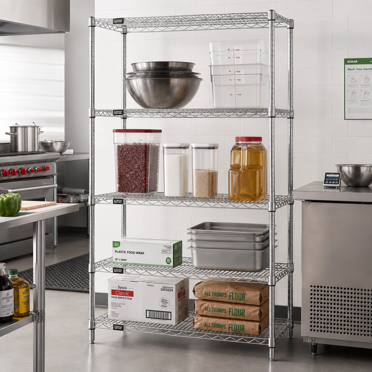 Product image #2 for Quantum Stationary Chrome Wire Shelving Starter Kit, 42 x 12 x 63 Inches, 4 Shelves