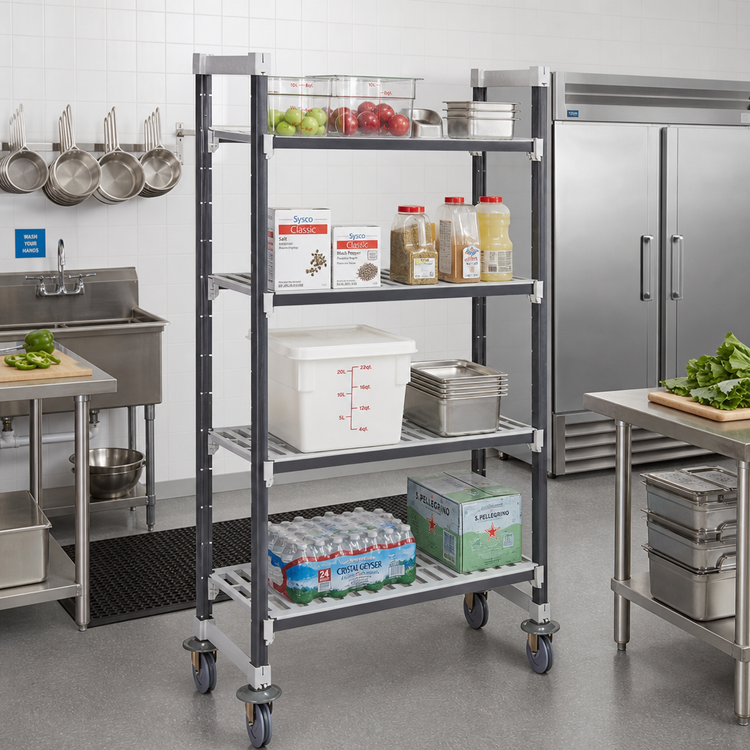 Product image #2 for Cambro Camshelving Elements XTRA High Density Mobile Starter Unit, 21 x 42 x 78-1/4 In., 4-Tier Vented Shelving, Speckled Gray