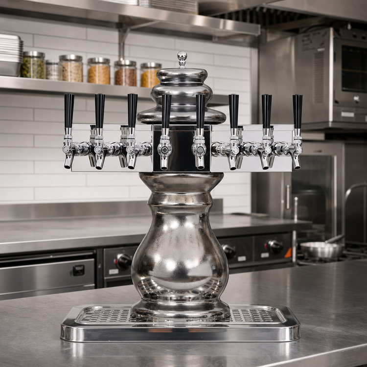 Product image #2 for Glastender Braumeister 5-Faucet Air-Cooled Draft Dispensing Tower with Mirror Finish and Surface-Mount Drain Pan