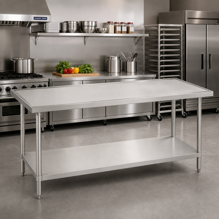 Product image #2 for Advance Tabco 108-Inch x 48-Inch 14-Gauge 304 Stainless Steel Work Table with No-Drip Countertop Edge and Adjustable Undershelf