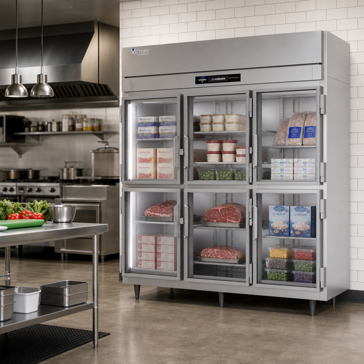 Product image #3 for Victory UltraSpec 3-Section Glass Half-Door Reach-In Freezer, Self-Contained, Top-Mounted