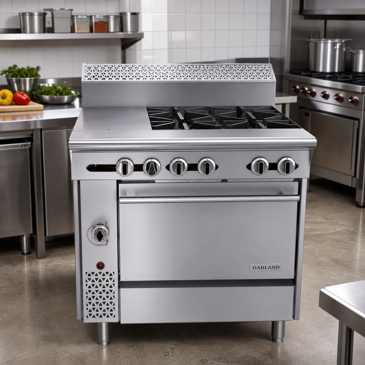 Product image #2 for Garland Cuisine Series 36-Inch Heavy Duty Natural Gas Combination Top Range with 4 Open Burners, Hot Top, and Standard Oven
