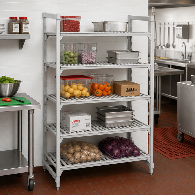 Product image #3 for Cambro Camshelving Premium 5-Shelf Stationary Starter Unit, 24 x 42 x 64 Inches, Vented Polymer Shelving, Speckled Gray