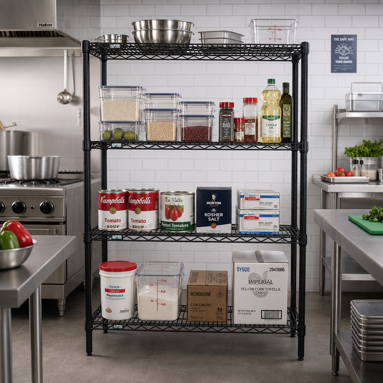Product image #2 for Quantum 72"W x 14"D x 54"H 4-Shelf Stationary Wire Shelving Starter Kit, Black Epoxy Antimicrobial