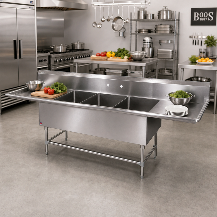 Product image #2 for John Boos Pro-Bowl 3-Compartment Stainless Steel Sink with Dual 24-Inch Drainboards, 20 x 20 x 12-Inch Bowls