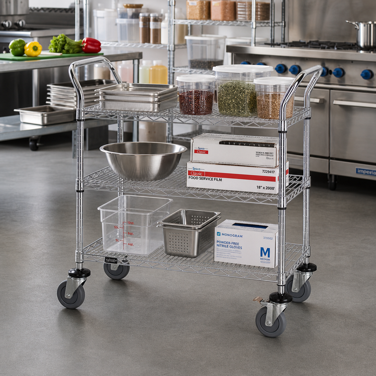 Product image #2 for Quantum WRSC-1848-3 48-Inch x 18-Inch 3-Shelf 304 Stainless Steel Wire Utility Cart