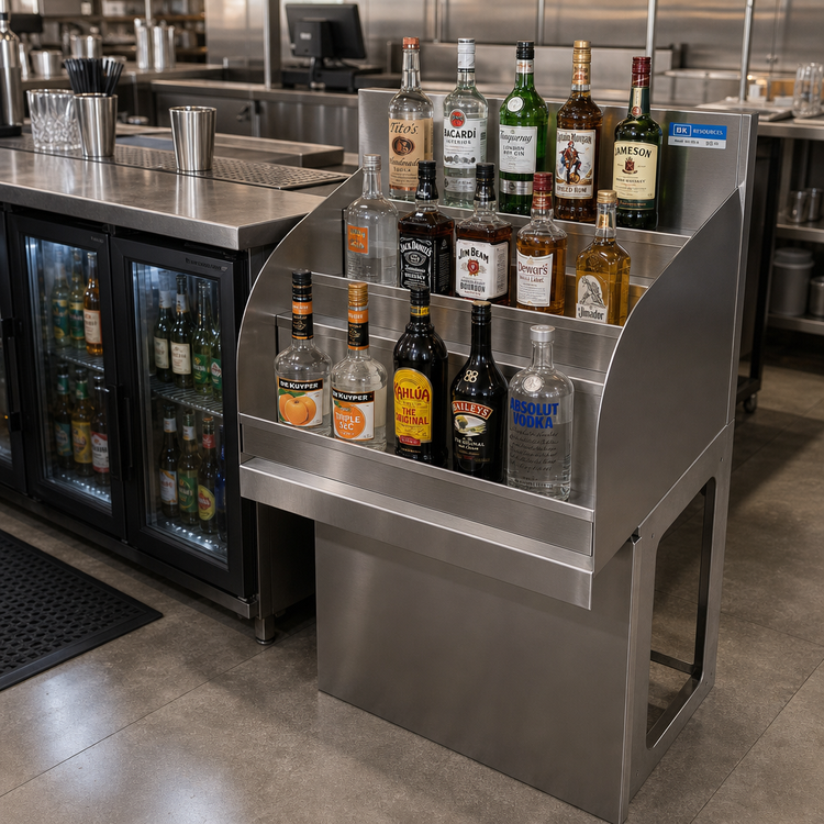 Product image #3 for BK Resources 36-Inch Freestanding 4-Step Underbar Stainless Steel Liquor Bottle Display