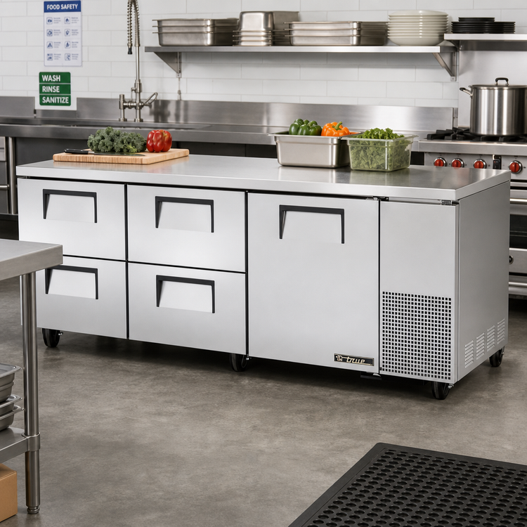 Product image #2 for True 93-1/4-Inch Stainless Steel Deep Undercounter Refrigerator with 1 Door and 4 Drawers, Side-Mounted Self-Contained Refrigeration