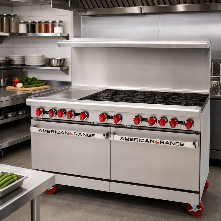 Product image #2 for American Range 60-Inch Gas Restaurant Range with 24-Inch Left Griddle, 6 Open Burners, and 2 Standard Ovens