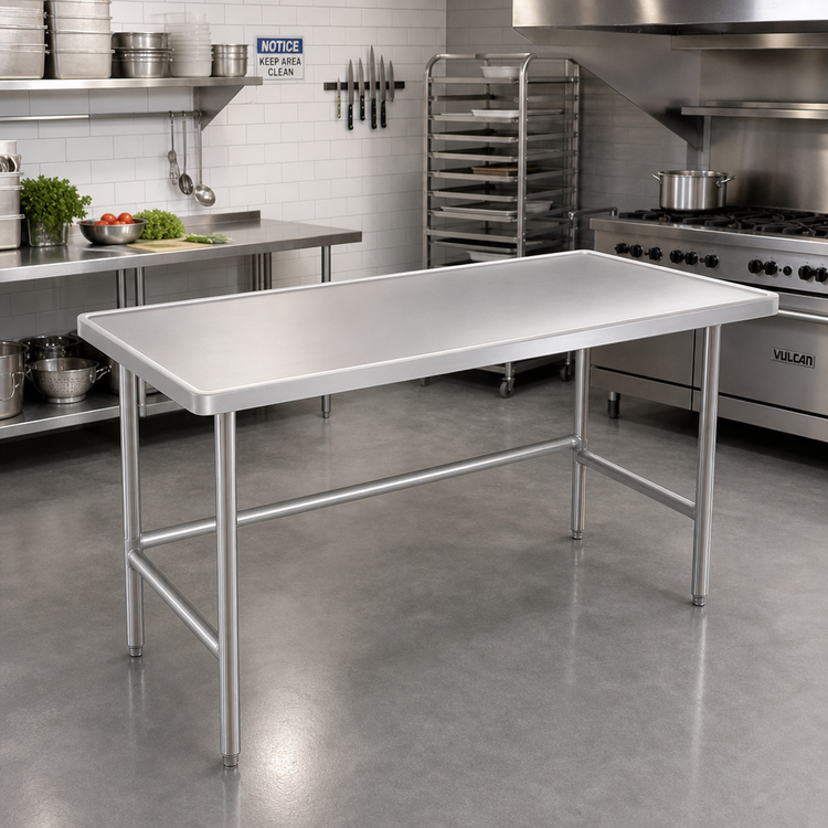 Product image #2 for Advance Tabco 72-Inch x 36-Inch 14-Gauge 304 Stainless Steel Work Table with Countertop / Marine Edge and Galvanized Open Base