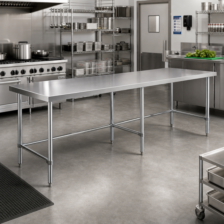 Product image #2 for Sapphire 120" x 36" 18-Gauge 430 Stainless Steel Flat Top Work Table with Open Base and Galvanized Legs