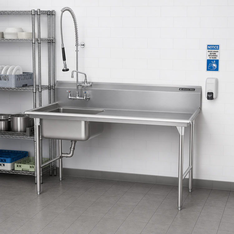Product image #2 for Advance Tabco Straight Soil Dishtable with Pre-Rinse Sink, Right-Hand, 47 Inch, 304 Stainless Steel