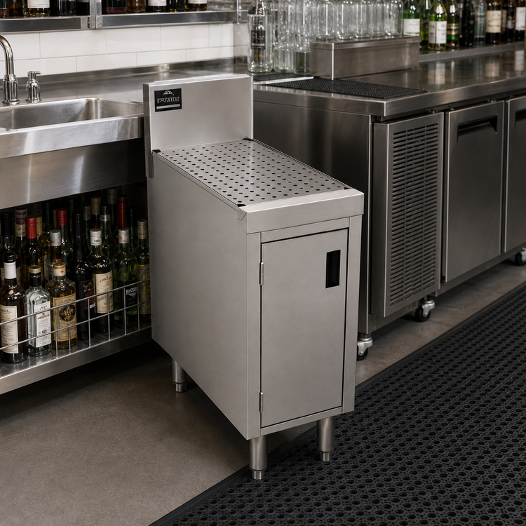 Product image #2 for Advance Tabco Prestige Supreme 18-Inch Freestanding Stainless Steel Underbar Drainboard Cabinet with Removable Doors and 7-Inch Backsplash