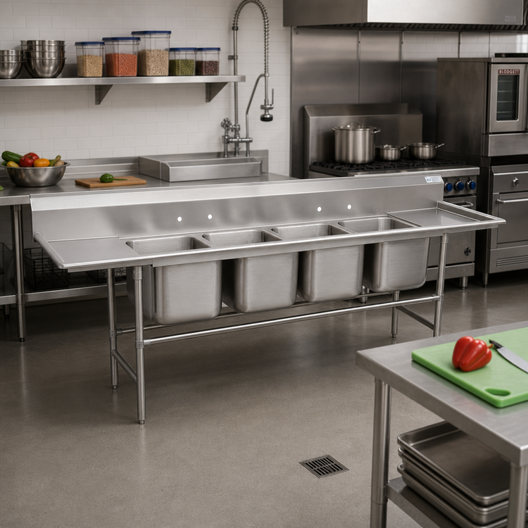 Product image #2 for Advance Tabco Regaline 4-Compartment Sink with Left and Right Drainboards, 14-Gauge 304 Stainless Steel