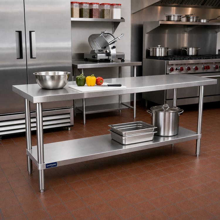 Product image #2 for Sapphire 60" W x 18" D Flat Top Stainless Steel Work Table with Undershelf, 16-Gauge 304 Top
