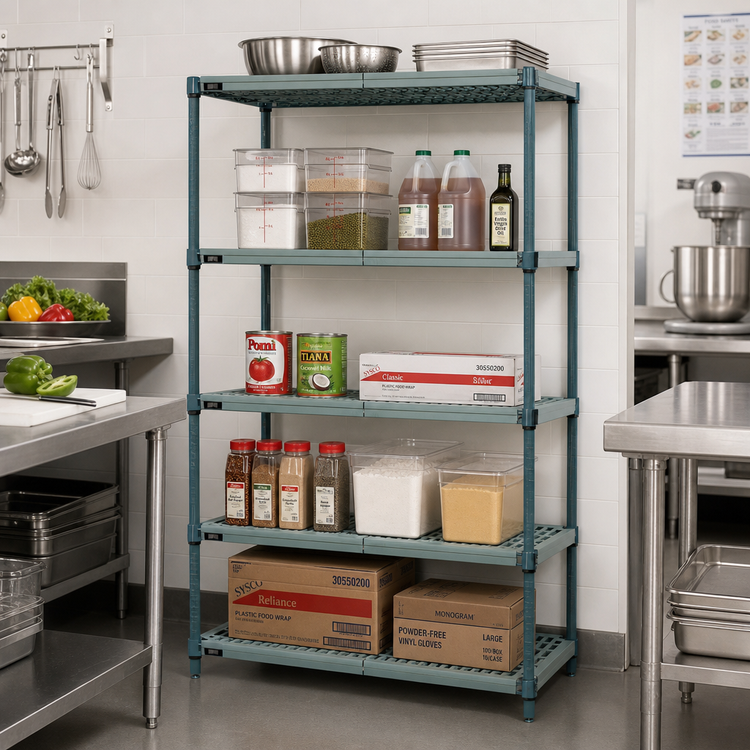 Product image #2 for Quantum 5-Tier Stationary Wire Plastic Mat Shelving Unit, 42W x 18D x 63H, Green Epoxy Coated